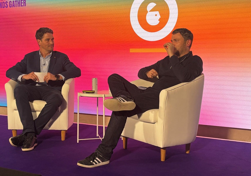 Boohoo's Tom Binns and PayPal's Henry Stokes converse on-stage at Advertising Week Europe.