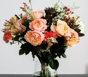 A bunch of flowers in a vase.