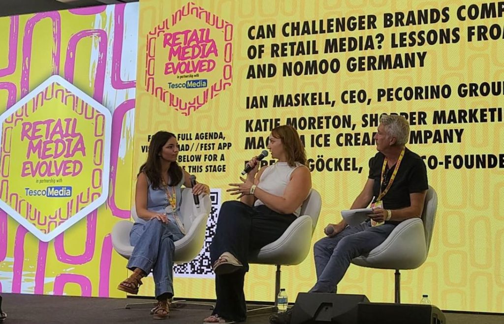 Nomoo's Rebecca Göckel and The Magnum Ice Cream Company's Katie Moreton on stage at MADFest, moderated by Pecorino Group's Ian Maskell.