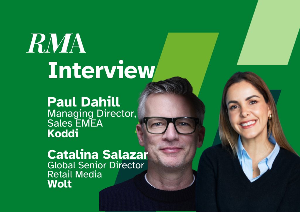 Graphic featuring headshots of Paul Dahill, Managing Director, Sales EMEA at Koddi and Catalina Salazar, Global Senior Director of Retail Media at Wolt.